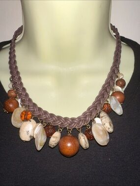 Brown Braided Cord  Statement Necklace with Natural Stone & Wood Beads
